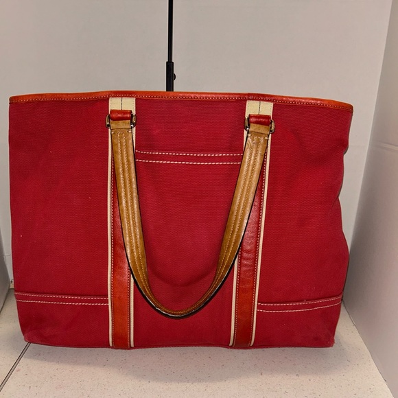 Coach Handbags - Coach Red Canvas Tote Bag with Red and Tan Leather Trim